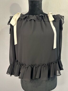 CeCe Black Ruffle Blouse with Ivory Shoulder Ties